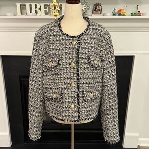 Joie Black & White Textured Tweed Button Jacket (XL)
